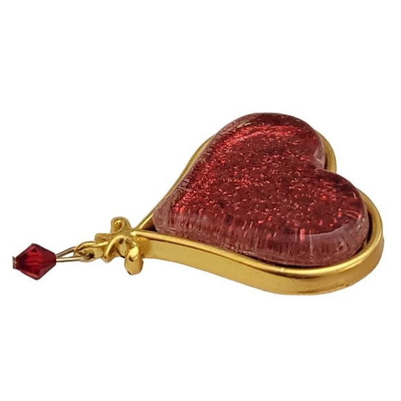 Gold Tone Red Glass Heart Crystal Dangle Lapel Scatter Pin K869 - Picture 3 of 7